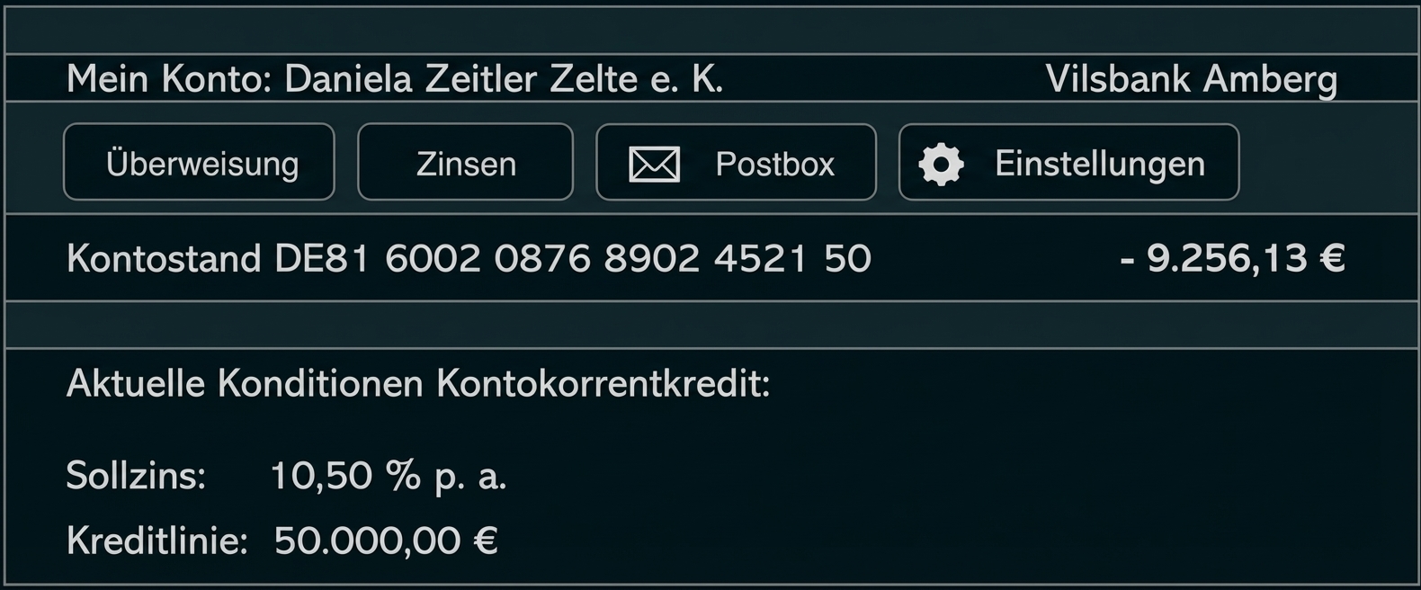 Bankkontoübersicht mit Menübuttons, negativer Kontostand und Angaben zu Sollzins sowie Kreditlinie